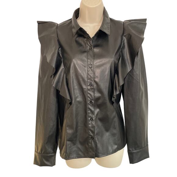 Jealous Tomato NWT Leather Texture Long Sleeve Top, Ruffles,  Black, Size L - Picture 1 of 7